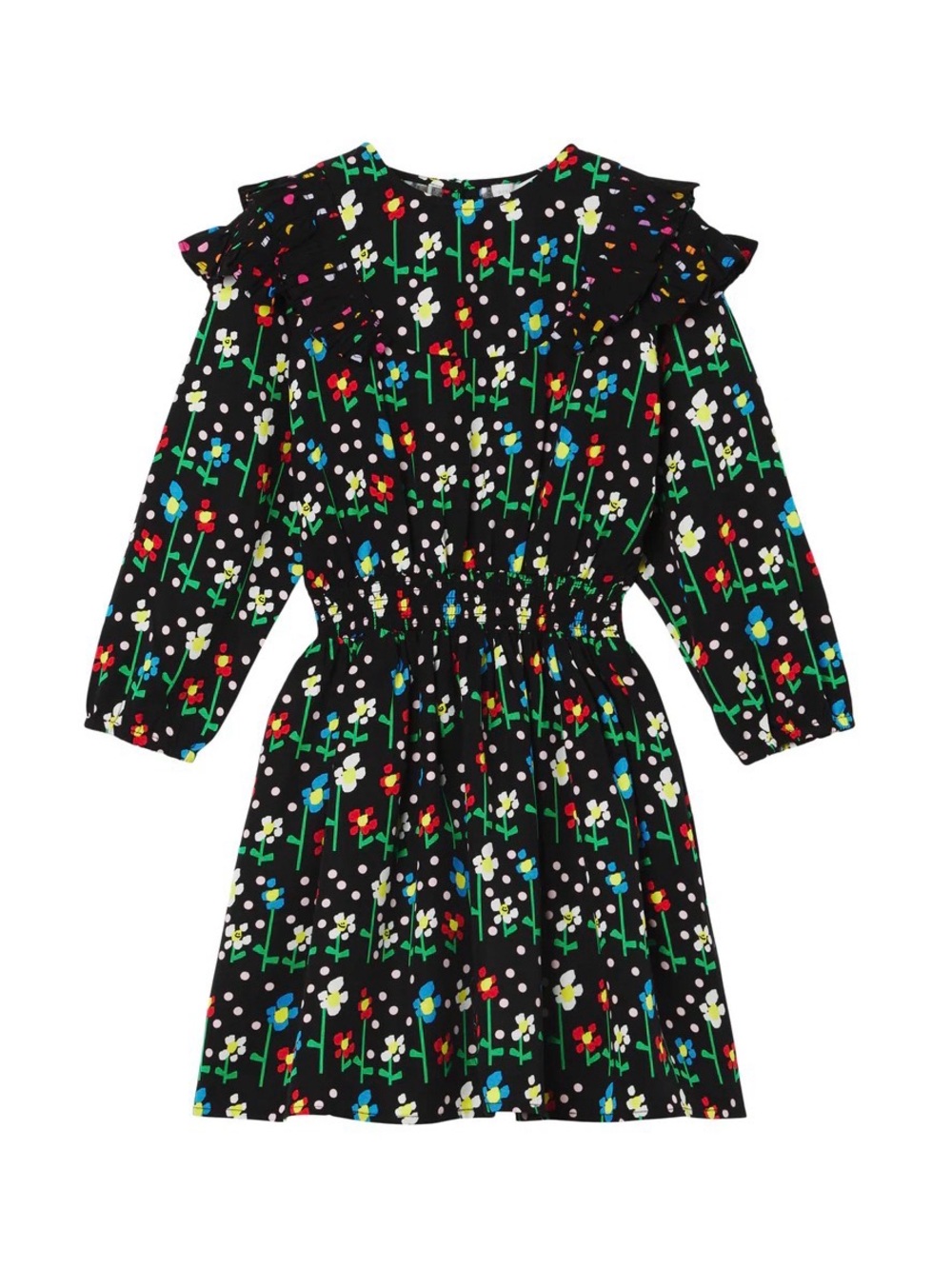 Stella McCartney Kids Black Floral Ruffle-Shoulder Dress